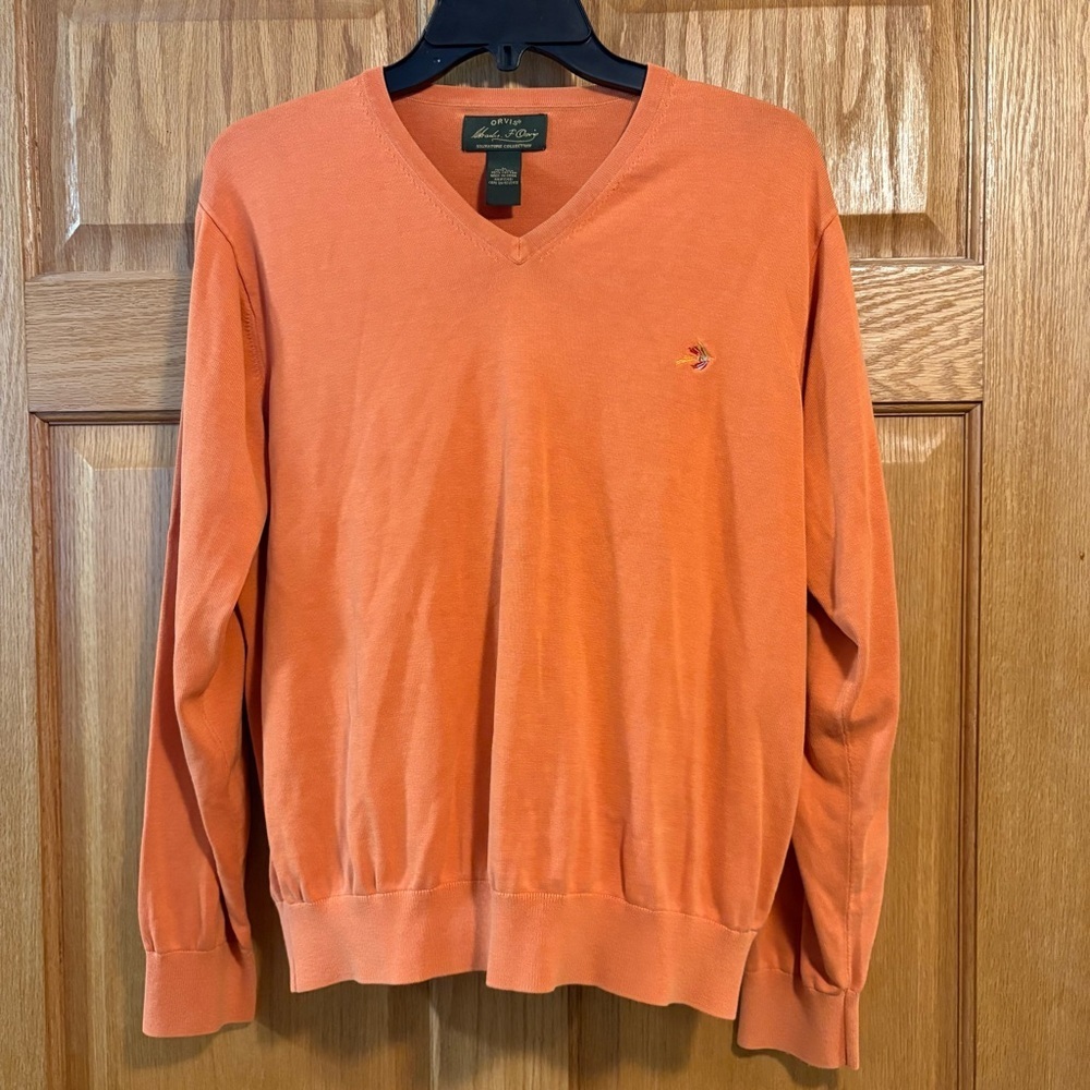 Orvis Signature Collection Pumpkin Orange V-Neck Sweater 70% Silk Cotton Men’s M